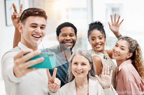 Image of Group, diversity and selfie of teamwork in business or team in creative company smile together. Phone, colleagues and professional corporate office workers in happy picture for about us website