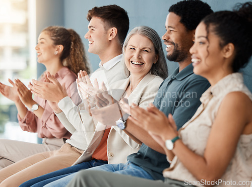 Image of Clapping, business meeting and woman portrait for celebration, winning and cheers, yes or success and thanks. Happy applause, audience and group of women, men or team, achievement or congratulations