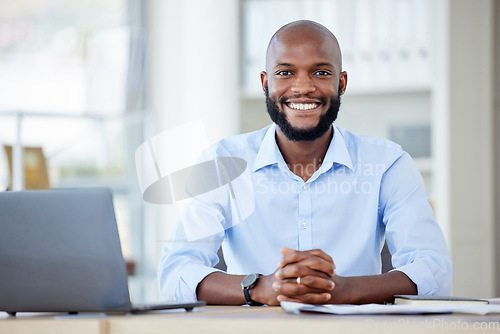 Image of Portrait, black man and business writer in office with pride for career or company job. Face, smile and professional, entrepreneur and male copywriter from South Africa with success mindset at work.