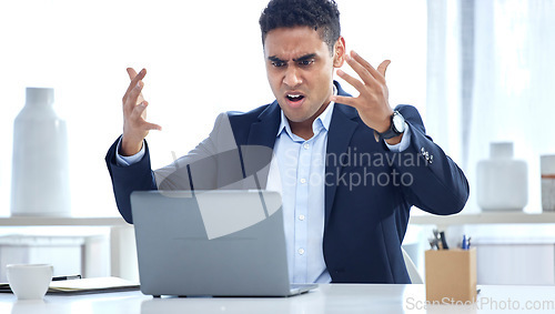 Image of Laptop, glitch and angry business man with problem, fail and crisis in office. Computer, anger and frustrated male professional with error, 404 or mistake, lost data and slow internet connection.