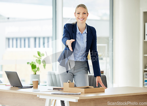 Image of Portrait, business and woman with handshake, cooperation and agreement with a deal, negotiation and collaboration. Face, female person or employee shaking hands, job interview and hiring with welcome