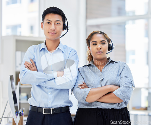 Image of Call center, portrait and team together in office with headset for telemarketing sales. Diversity workplace with serious man and woman agent focus on customer service, contact us or crm support