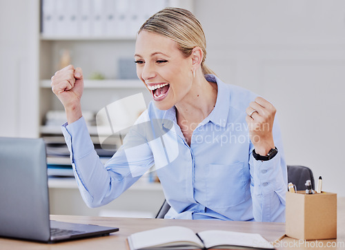 Image of Success, laptop and business woman in office for winner, promotion and bonus. Achievement, celebration and online news with female employee and fist pump for goals, competition and target