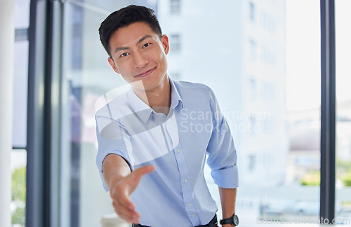 Image of Closeup, handshake and portrait of business man for networking, job interview or welcome. Thank you, contract and hiring with asian male employee in office for negotiation, consulting and partnership