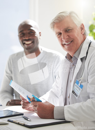 Image of Brochure, consulting and portrait with doctor and patient for medical, life insurance or results. Medicine, healthcare and learning with men and pamphlet for support, communication and advice