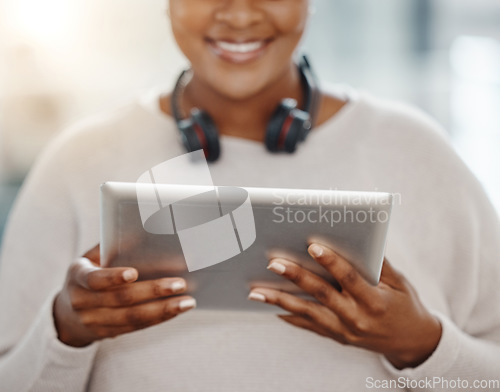 Image of Hands, tablet and research with a business person searching the internet for information or data. Technology, search and online with an adult employee networking using a wireless portable device