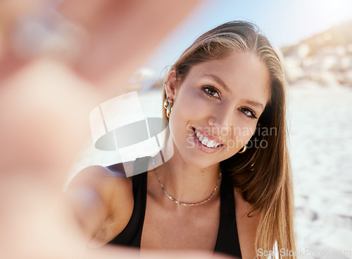 Image of Woman, beach selfie and smile on vacation with beauty, outdoor or summer portrait in sunshine and blog. Girl, happy influencer and photography for travel, social media and holiday in Rio de Janeiro