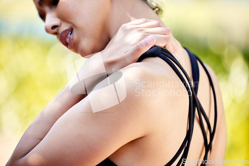 Image of Woman with neck pain, injury and exercise with muscle tension, inflammation and health problem. Female athlete injured in workout outdoor, healthcare emergency and fibromyalgia with fitness burnout