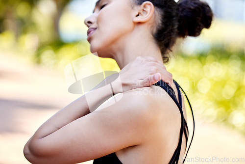 Image of Woman with neck pain, injury and fitness with muscle tension, inflammation and health problem. Female athlete injured in workout outdoor, healthcare emergency and fibromyalgia with exercise burnout