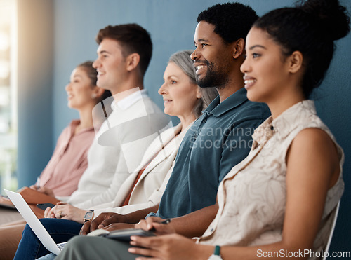 Image of Recruitment, row and business people waiting for job interview, vacancy and career opportunity in office. Corporate, diversity and men and women candidates for hr meeting, hiring and employment