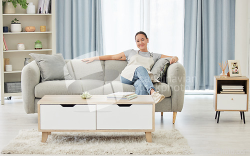 Image of Cleaning, relax and portrait of woman on sofa for housekeeping service, hygiene and sanitary. Disinfect, cleaner and calm with female maid in living room of home for sanitary, housekeeper and rest