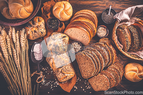 Image of Assortment of different kind of cereal bakery - bread, pasties, buns, with healthy seeds