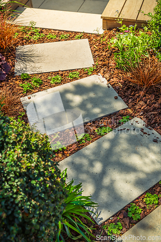 Image of Detail of  garden path with stone slabs with bark mulch and native plants. Landscaping and gardening concept.