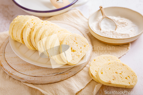 Image of Bavarian bread dumplings served on plate, Czech bread dumplings 