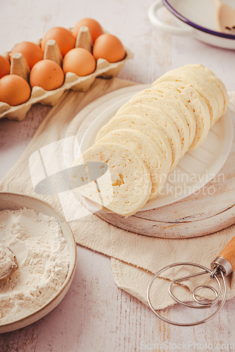 Image of Bavarian bread dumplings served on plate, Czech bread dumplings 