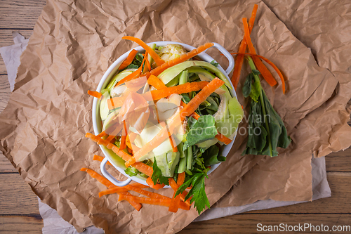 Image of Sorted kitchen waste, food leftovers ready to compost.