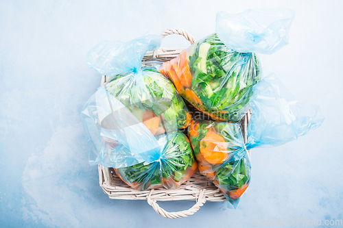 Image of Prepared vegetable bags for freezer. Frozen food, food preservat