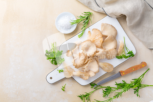 Image of Fresh  organic oyster mushrooms on white chopping board with par