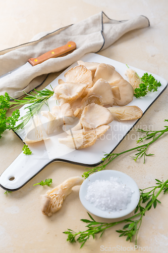 Image of Fresh  organic oyster mushrooms on white chopping board with par