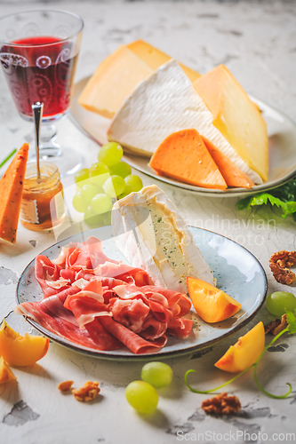 Image of Cured meat and cheese platter . antipasti and snack board, charc