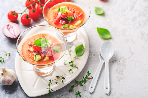 Image of Tomato gazpacho soup with fresh cucumbers