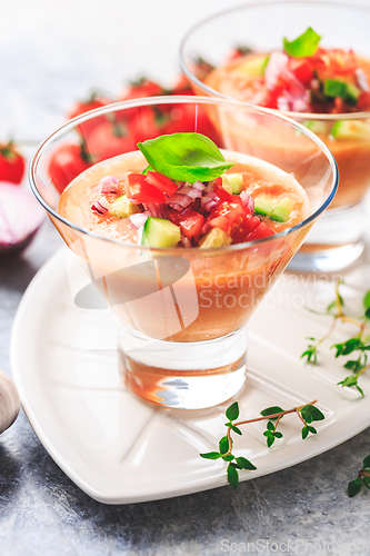 Image of Tomato gazpacho soup with fresh cucumbers