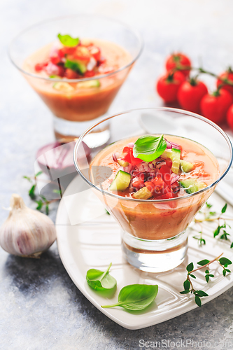 Image of Tomato gazpacho soup with fresh cucumbers