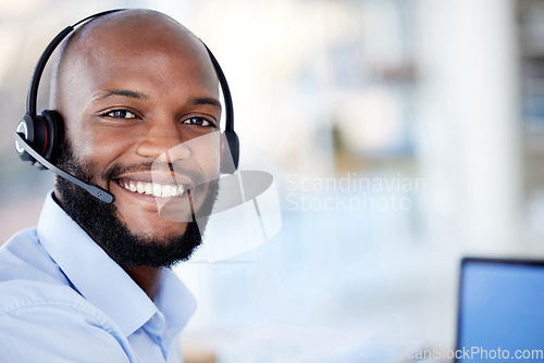 Image of Call center, headset and smile on face of black man or agent with mockup space for telemarketing. Portrait of african consultant person with microphone for sales, customer service or crm support