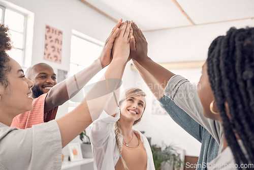 Image of Teamwork, high five and group of business people with goal, support and collaboration at start up. Happy team, coworking and trust, hands together with smile, employees working with job cooperation.