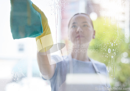 Image of Wipe, window and cleaning with a woman housekeeper using disinfectant to remove bacteria in a home. Safety, glass and hygiene with a young female cleaner working in a domestic house for service