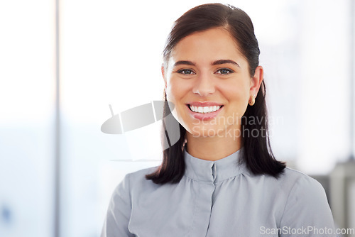 Image of Portrait, business and woman with a smile, consultant and confidence with startup success, formal and joy. Face, female person or employee with a career, company growth or professional in a workplace