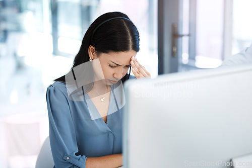 Image of Stress, headache and woman working at call center with problem, crisis or internet issue. Burnout, migraine and lady consultant with anxiety, glitch or online mistake while consulting in crm or faq