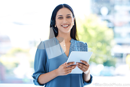 Image of Woman, portrait and happiness with tablet in the outdoor for online communication as entrepreneur. Female person, tech and employee with a smile in the city with service or conversation on app.