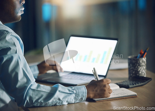 Image of Man, seo and writing notes with laptop for data, working on project and infographics at night. Computer, professional and business person with notebook for graphs, analytics or charts for deadline.