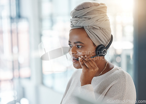 Image of Listening, call center and black woman telemarketing, customer service and support. Crm, contact us and African female sales agent, consultant or employee working at help desk, consulting or business