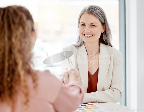 Image of Handshake, business meeting and woman at creative agency for partnership, thank you or b2b success. People, clients or manager shaking hands in design deal, thanks and agreement or project onboarding