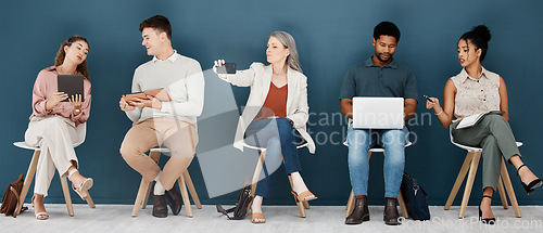 Image of Hiring, technology and business people waiting for job interview, vacancy and opportunity in office. Recruitment, diversity and men and women on phone, tablet and laptop to prepare for hr meeting