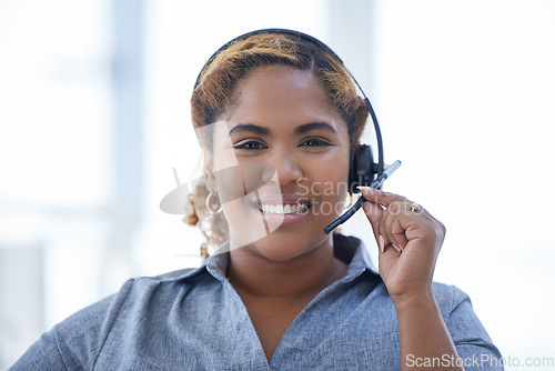 Image of Face, smile and headset on call center woman as telemarketing, crm or sales agent. African person or support consultant portrait with microphone for customer service, contact us or help desk startup
