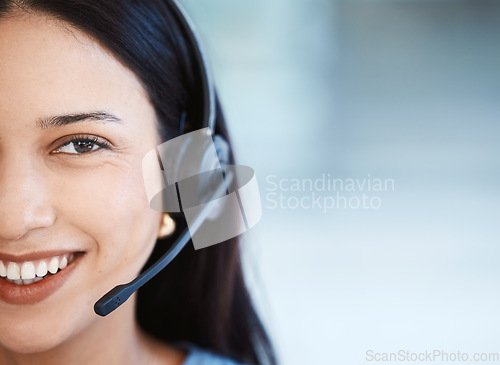 Image of Happy woman, call center and face closeup on mockup for customer service or telemarketing at office. Female person, consultant agent or virtual assistant with smile and headphones for online advice