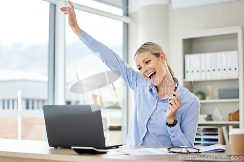 Image of Accountant woman, laptop and celebrate success, business profit or achievement in office. Professional person excited for startup growth, accounting solution and online bonus win or investment payout