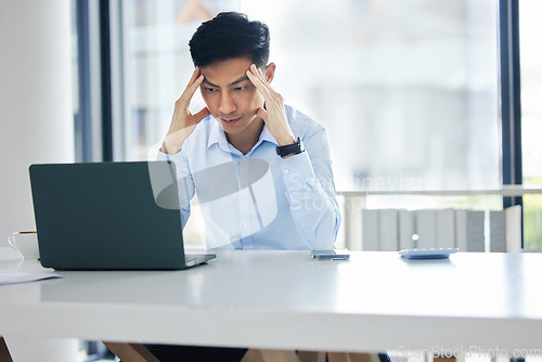 Image of Business, stress and Asian man with a headache, laptop and glitch with internet error, network and overworked. Male person, tired employee and consultant with a pc, migraine and anxiety with fatigue