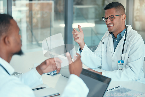 Image of Meeting room, talking and team of doctors for advice, problem solving and solution or ideas in healthcare service. Happy medical man or people in conversation, support and collaboration for clinic