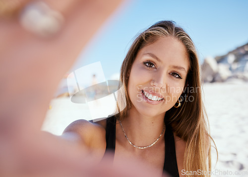 Image of Woman, beach selfie and smile on holiday with beauty, outdoor or summer vacation in sunshine and blog. Girl, happy influencer and photography for travel, social media and portrait in Rio de Janeiro