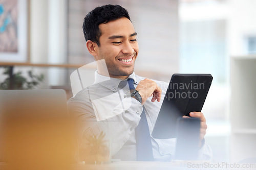 Image of Tablet, happy and business man in office for stock market growth, investment results and profit, trading or exchange news. Asian person or accountant smile, reading report or review digital finance