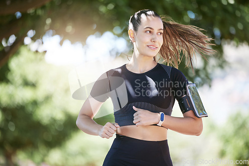 Image of Running, fitness and woman with exercise, training and wellness with cardio, health and sports. Female person, athlete and runner in a park, practice and workout goal with energy, progress and speed