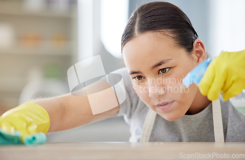 Image of Spray, table and cleaning with a woman housekeeper using disinfectant to remove bacteria in a home. Safety, surface and hygiene with a young female cleaner working in a house living room for service