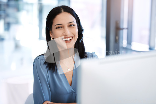 Image of Happy woman, call center and portrait smile in customer service, support or telemarketing at the office. Friendly female person, consultant or agent smiling for virtual assistant or online advice