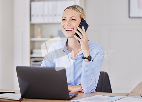 Image of Happy business woman, phone call and office at desk with motivation, sales and smile in finance agency. Financial expert, networking and happy for contact, client or lead for loan offer at startup