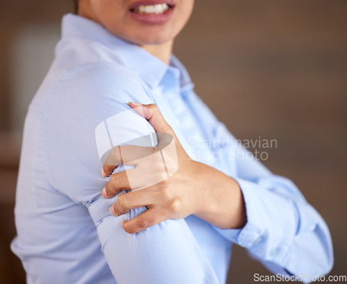 Image of Professional woman with shoulder pain, hand on injury and closeup with medical problem, muscle tension and hurt. Health, wellness and tired joint, female worker with healthcare issue and inflammation