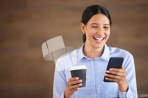 Image of Professional woman, laughing with smartphone and coffee break with social media and communication. Female worker relax, using phone with drink in hand and funny meme or online chat with mockup space